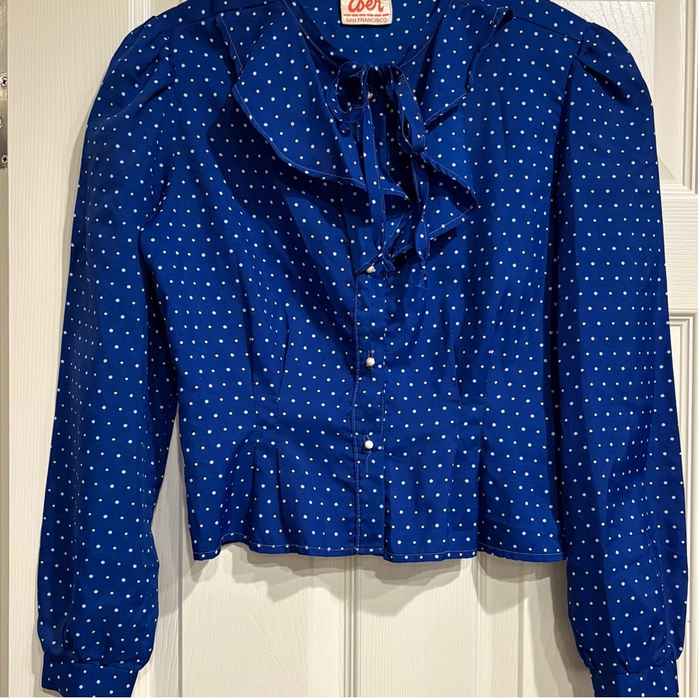 EBER True Vintage Blue White Polka Dot Blouse Size XS Retro Rockabilly Pinup